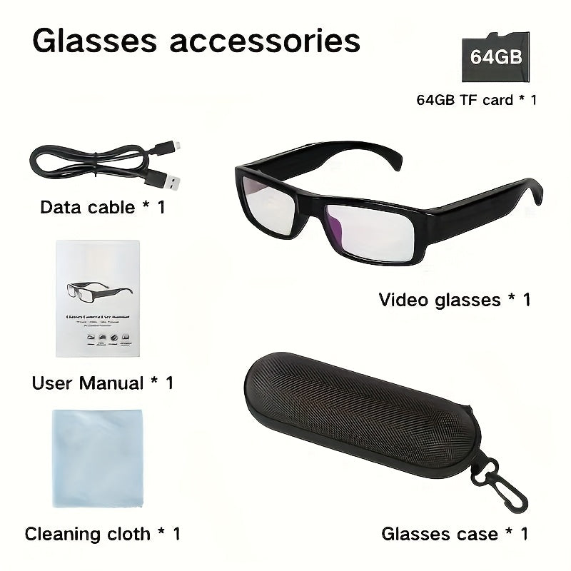 1pc 1080p HD Video Glasses Camera | Portable Digital Video Recorder with 64GB Memory Card, One-Click Operation Rechargeable Lithium Battery, Ideal for Sports & Outdoor Activities