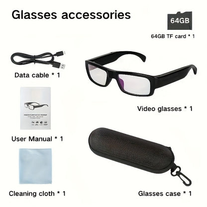 1pc 1080p HD Video Glasses Camera | Portable Digital Video Recorder with 64GB Memory Card, One-Click Operation Rechargeable Lithium Battery, Ideal for Sports & Outdoor Activities