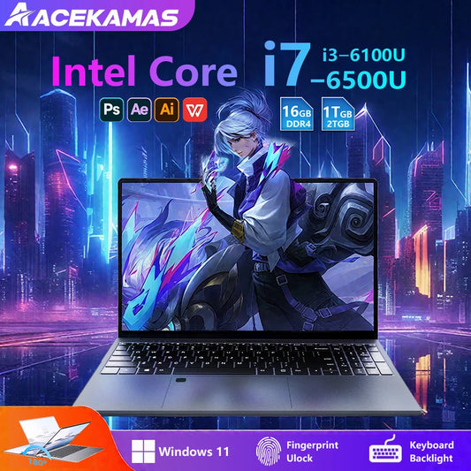 ACEKAMAS 15.6" Intel Core i7 6500U i3 6100U Laptop Computer Windows 11 16GB DDR4 1TB 2TB SSD Portable Notebook PC Gaming Laptops