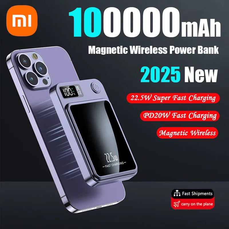 Xiaomi MiJia100000mAh Magnetic Wireless Power Bank Fast Charger For Magsafe Portable Auxiliary Battery Pack For iphone Samsung