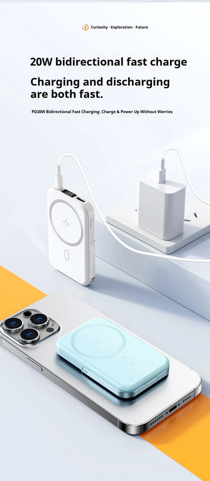 JoltPact Portable Charger Powerbank With Cable PD20W Power Bank Wireless 15W With Phone Holder LED Display Mobile Phone Backup