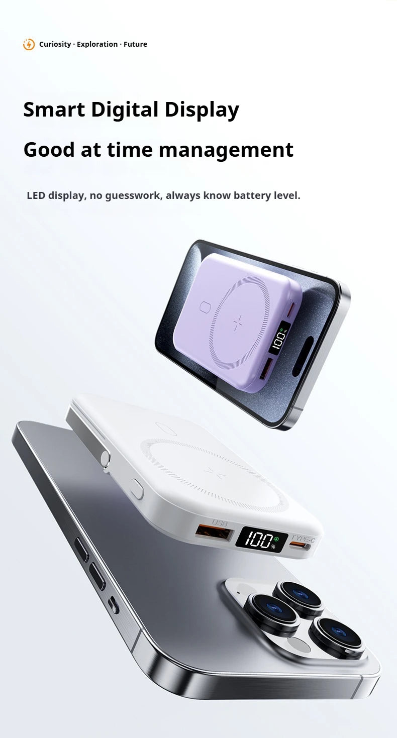 JoltPact Portable Charger Powerbank With Cable PD20W Power Bank Wireless 15W With Phone Holder LED Display Mobile Phone Backup