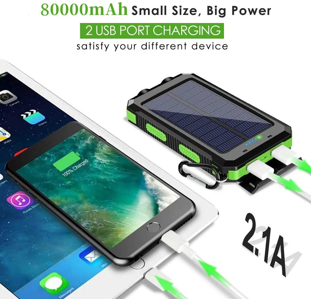 Solar Power Bank 80000mAh Portable Charging Poverbank External Battery Charger Strong Light LDE Light for All Smartphones