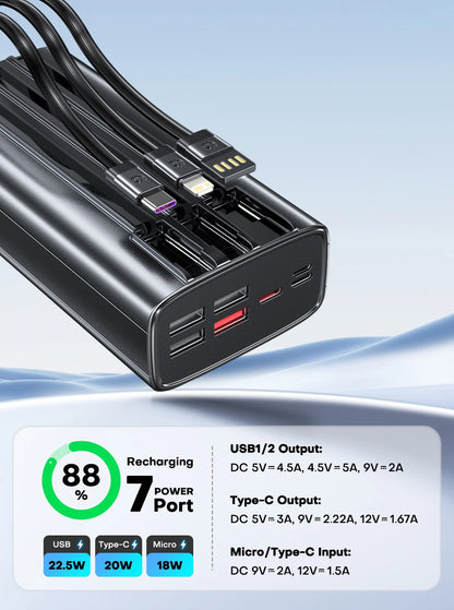 QOOVI 30000mah Power Bank 22.5W Fast Charging Built-in Cable External Large Battery Portable Charger For iPhone Samsung Xiaomi