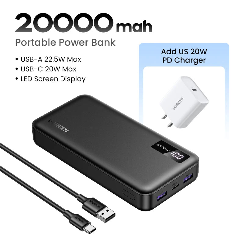 UGREEN 20000mAh PD 20W Power Bank Fast Charge Portable PowerBank for iPhone 17 16 15 Pro Max Xiaomi Phone External Battery 30W