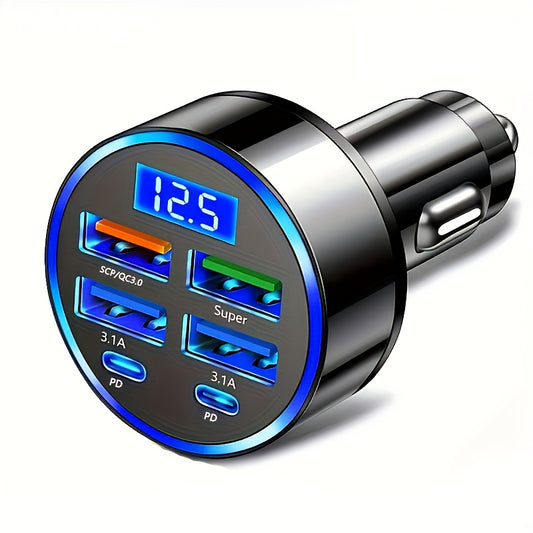 6-in-1 Fast Car Charger with USB-C, Dual PD and QC3.0, 4 Ports & Voltage Display - Matte Finish Texture for a Sleek Look